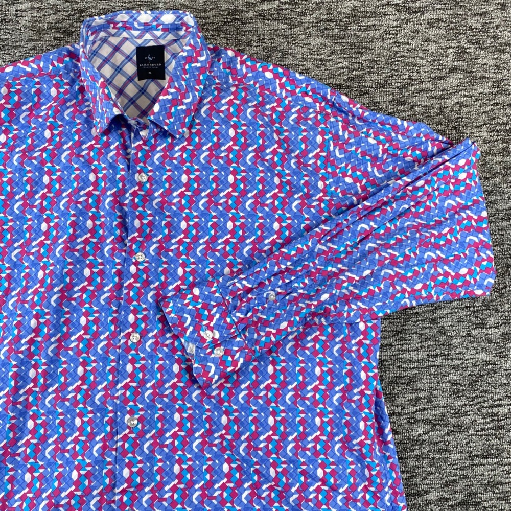 Tailorbyrd Collection Mens XL Geometric Print Cotton Button Down Shirt Blue